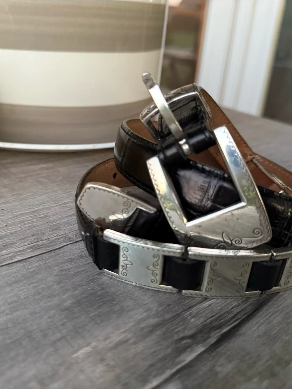Brighton Black Leather Belt with Engraved Silver Plates